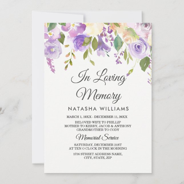 Lila blommor Memorial-meddelandetjänst Inbjudningar (Framsida)