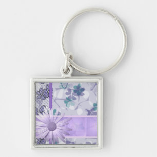 Lila Blommor mönster Fyrkantig Silverfärgad Nyckelring