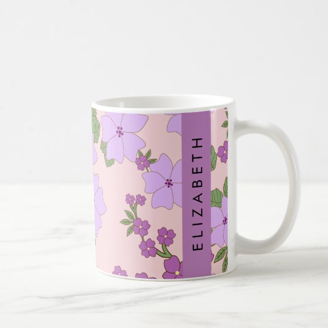 Lila blommor, Mönster i blommorna, ditt namn Kaffemugg (Höger)