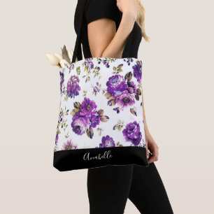 Lila blommor mönstrar med Monogramtoto hänger l Tygkasse