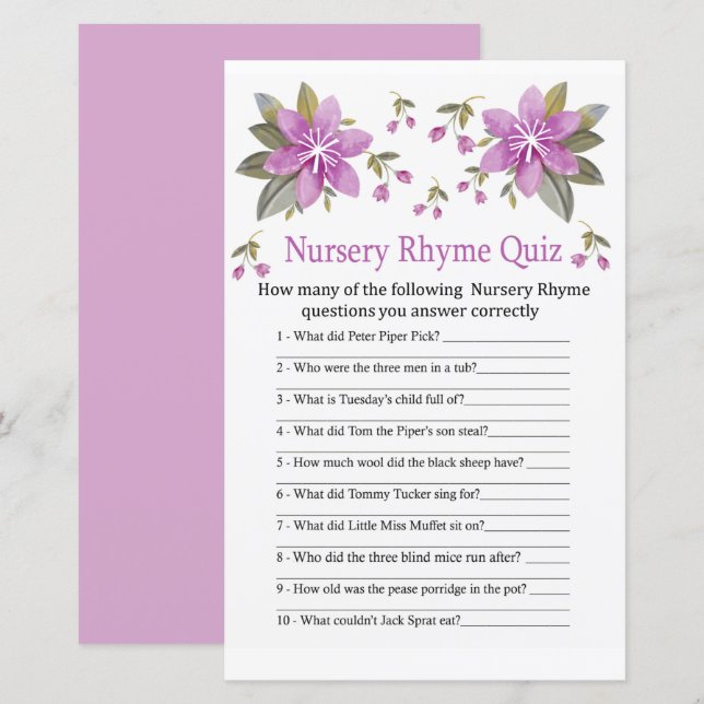 Lila blommor Nursery Rhyme Quiz babyduschspel (Fram/baksida)
