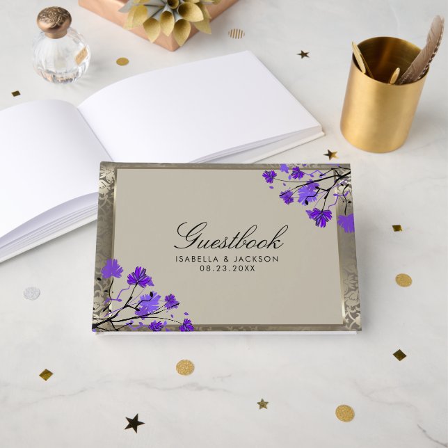 Lila blommor och antik silver bröllop gästböcker (Framsida öppen)