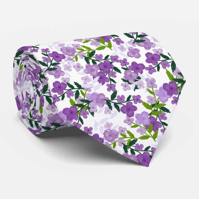 Lila blommor och blad vattenfärg bröllop slips (Rullad)