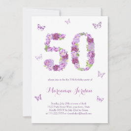 Lila blommor och fjärilar 50:e Födelsedagsfesten Inbjudningar