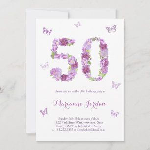 Lila blommor och fjärilar 50:e Födelsedagsfesten Inbjudningar