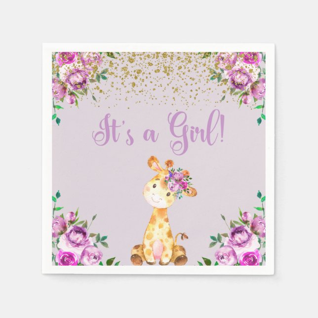 Lila blommor och giraffe-babyduschservetter. pappersservett (Framsidan)