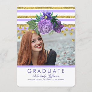 Lila blommor och Guld Rand Elegant Studenten Inbjudningar