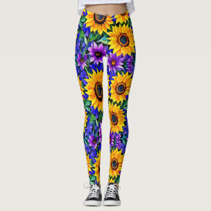 Lila blommor och Gult Solblommor Blommigt Leggings