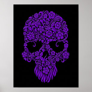 Lila blommor och Vines skulldesign på svart Poster