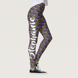Lila blommor på grönt, personlignamn leggings