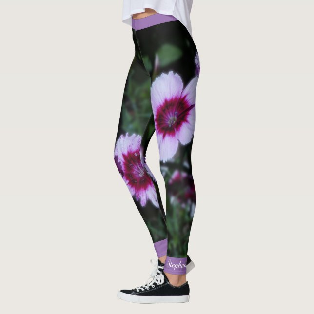 Lila blommor, Personlig Namn Yoga Exercise Leggings (Vänster)