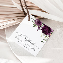 Lila blommor, plommonblommor, boho, babyskor gåvor etiketter