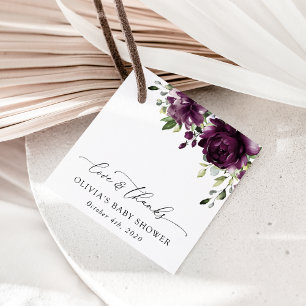 Lila blommor, plommonblommor, boho, babyskor gåvor etiketter