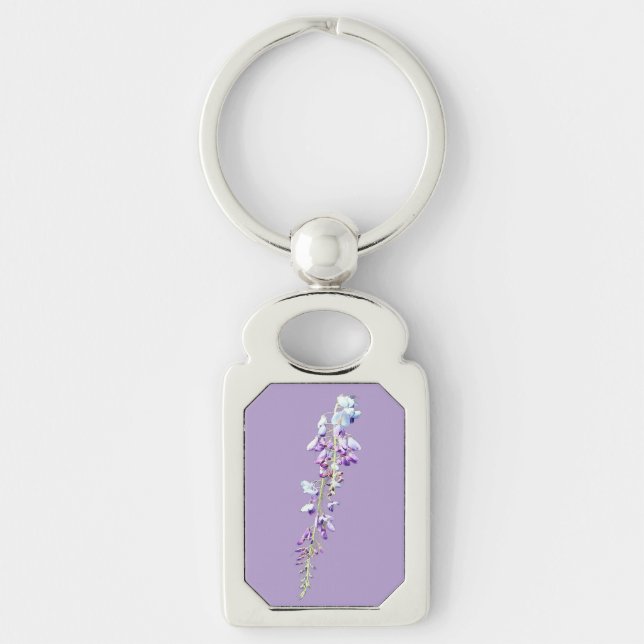 Lila blommor rektangulärt silverfärgad nyckelring (Framsidan)