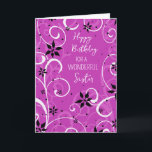 Lila blommor Sister Birthday Kort<br><div class="desc">Födelsedagskort för syster med modern lila,  svart- och vitblommor och tankfull vers.</div>