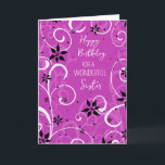 Lila blommor Sister Birthday Kort<br><div class="desc">Födelsedagskort för syster med modern lila,  svart- och vitblommor och tankfull vers.</div>