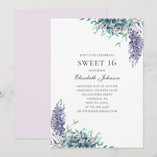 Lila blommor Sweet 16. Lavender 16:e födelsedag Inbjudningar (Fram/baksida)