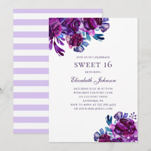 Lila blommor Sweet 16. Violet blommigt-födelsedag Inbjudningar