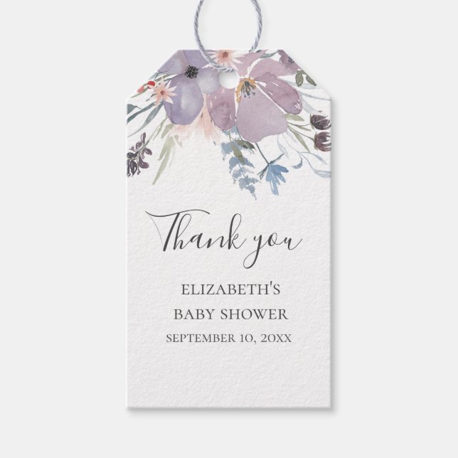 Lila blommor. Tack för blommigtens babydusch Presentetikett (Framsidan)
