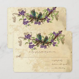 Lila blommor Teal Vintage Birds Bröllop OSA Inbjudningar