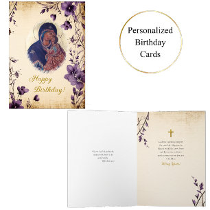 Lila blommor Theotokos Icon Birthday Kort