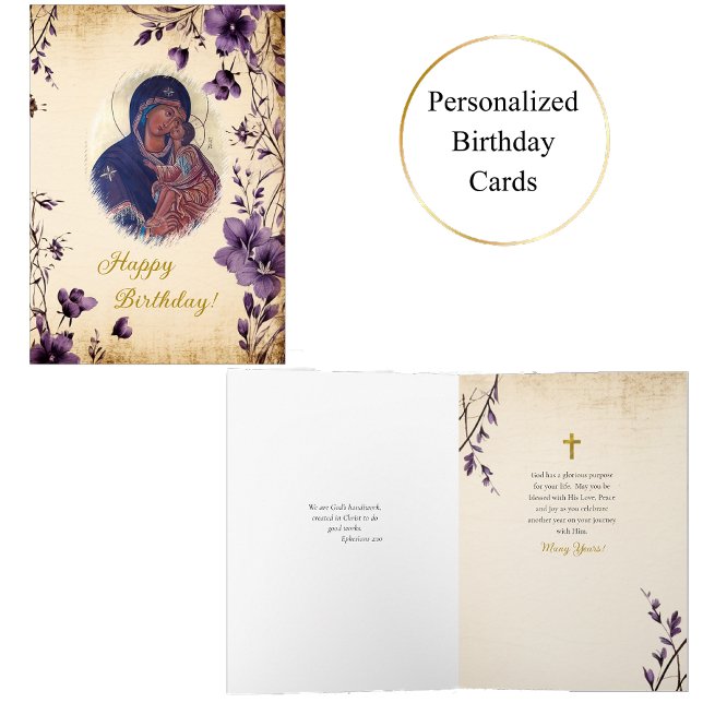 Lila blommor Theotokos Icon Birthday Kort (Skapare uppladdad)