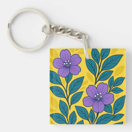 Lila blommor & turkosblad på gul bakgrund