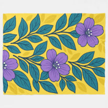Lila blommor & turkosblad på gul bakgrund
