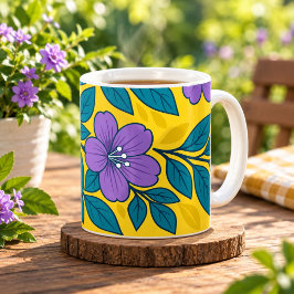 Lila blommor & turkosblad på gul bakgrund kaffemugg