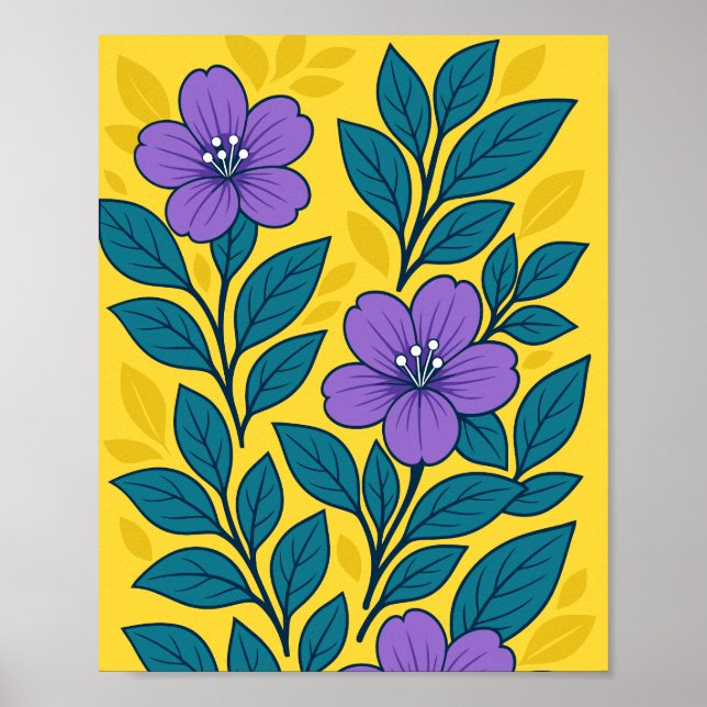 Lila blommor & turkosblad på gul bakgrund poster (Framsidan)