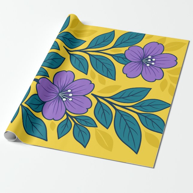 Lila blommor & turkosblad på gul bakgrund presentpapper (Utrullad)