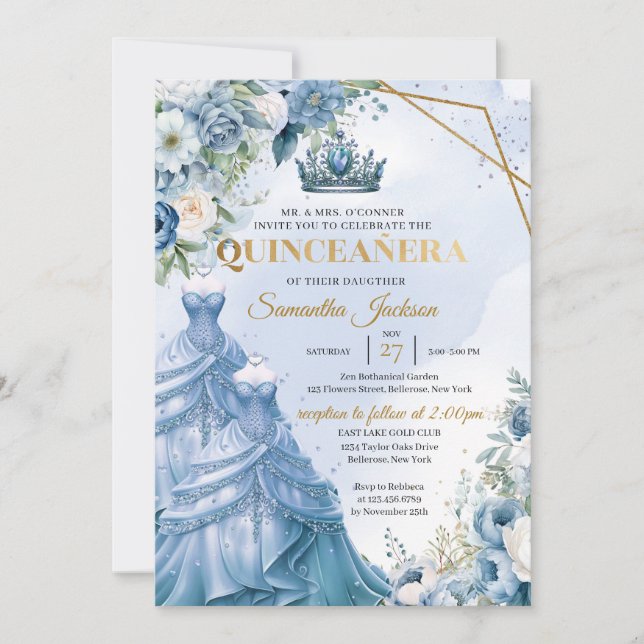 Lila blommor Twin Princess Dress Quinceañera Inbjudningar (Framsida)