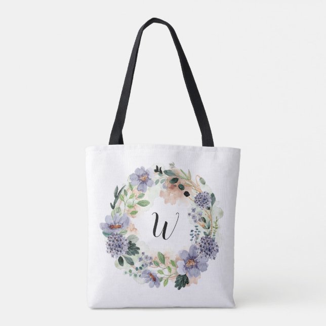 Lila blommor, utandningsmonogram Toxt Bag Tygkasse (Baksida)