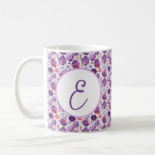 Lila blommor vattenfärg mönster monogram kaffemugg