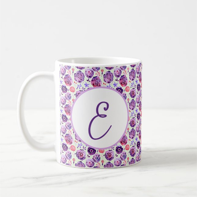 Lila blommor vattenfärg mönster monogram kaffemugg (Vänster)