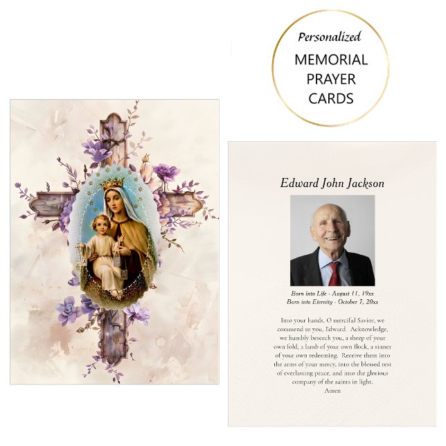 Lila blommor Virgin Mary Funeral Prayer Card Placeringskort (Skapare uppladdad)