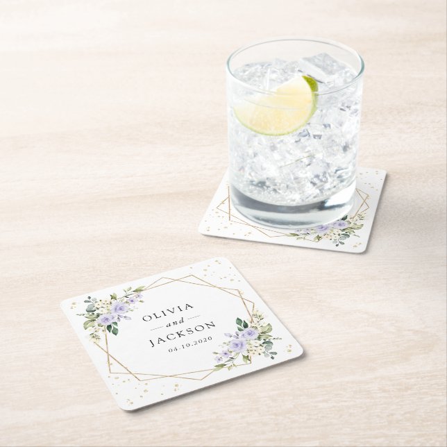 Lila blommor, White Flowers, Greenery, Bröllop Underlägg Papper Kvadrat (Insitu)