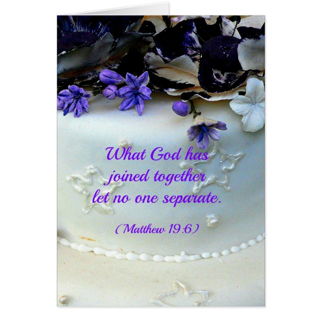 Lila blommorbröllopstårta med bibelverse hälsningskort (Framsidan)