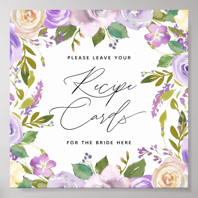 Lila blommotiv Kalligrafi receptkort skylt (Framsidan)