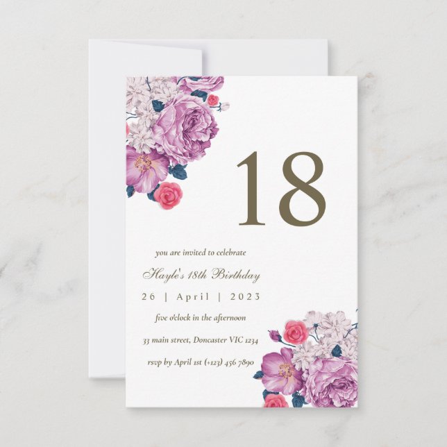Lila blomster botanisk enkel chic 18-årsdag inbjudningar (Framsida)