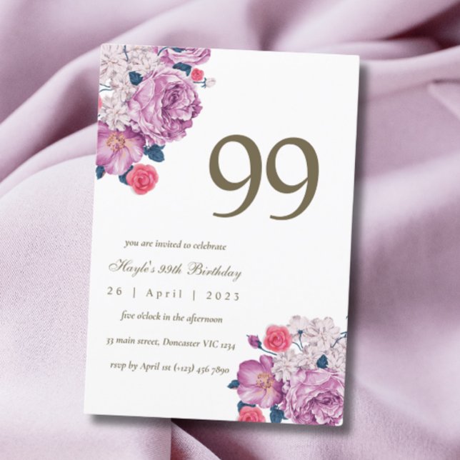 Lila blomster botanisk enkel chic 99-årsdag inbjudningar (Skapare uppladdad)