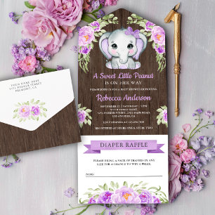 Lila blomster elefant lada trähus baby shower
