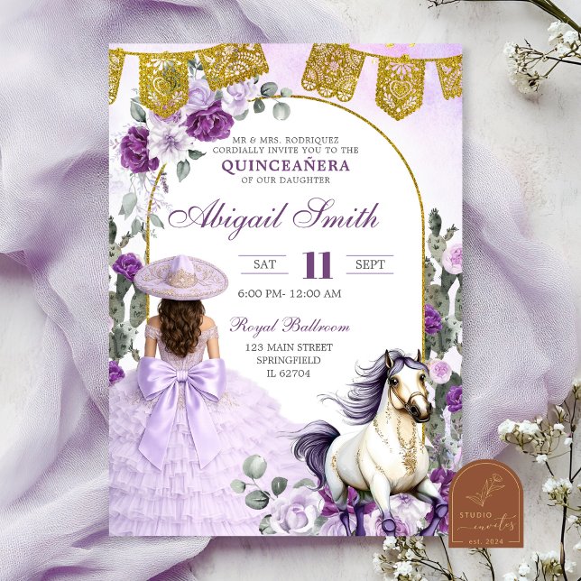 Lila blomster mexikansk charra Quinceanera Inbjudningar (Skapare uppladdad)