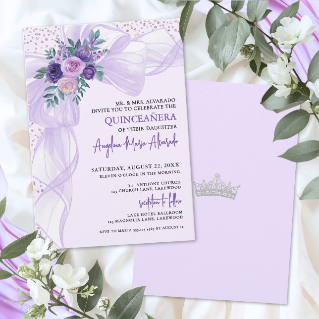 Lila blomsterbukett Quinceanera Inbjudningar (Purple Bow Quinceanera Invitation)