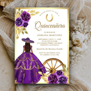 Lila blomsterklänning Charro Guld Quinceanera Inbjudningar