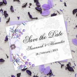 Lila blomsterkrans med bär Bröllop Save the Date Meddelande Vykort