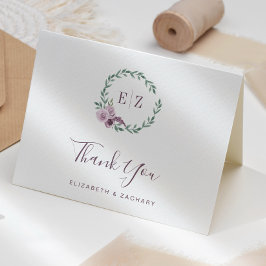 Lila blomsterkransmonogram bröllop tack kort