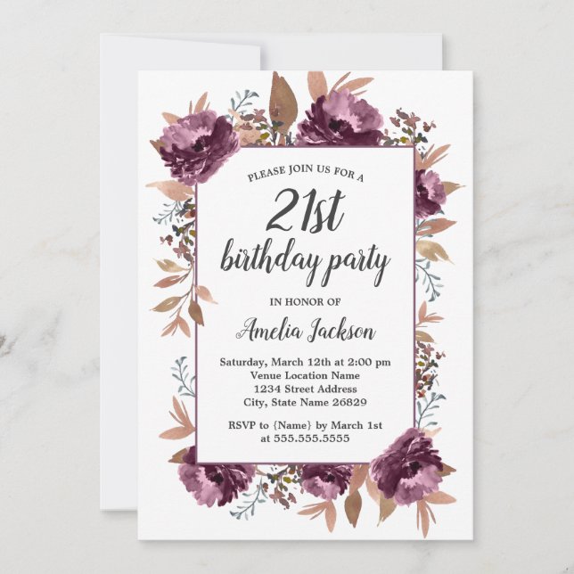 Lila Bloom Watercolor 21:a födelsedagsinbjudan Inbjudningar (Framsida)