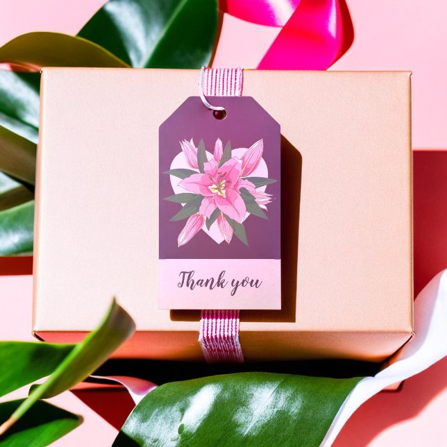Lila Blooming Lily Sweet Heart Tack Presentetikett (Purple Blooming Lily Sweet Heart Thank you Gift Tags)