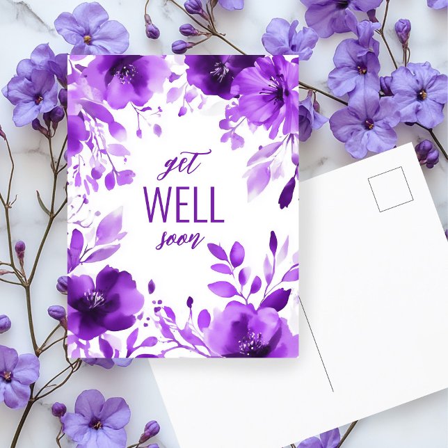 Lila Blooms Watercolor GET WELL SOON ANPASSNINGSBA Vykort (Purple Blooms Watercolor GET WELL SOON CUSTOM Postcard
)